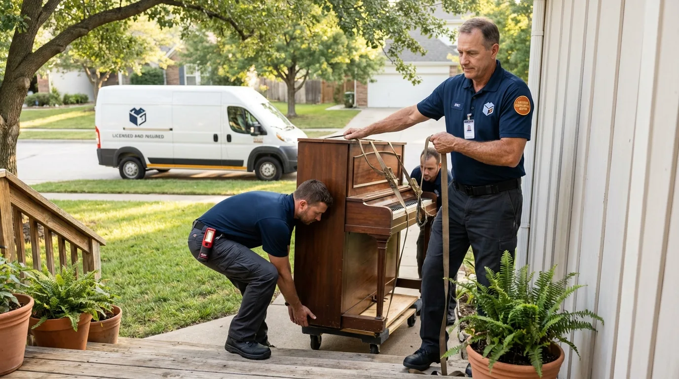 Licensed piano movers securing grand piano in Audubon, IA