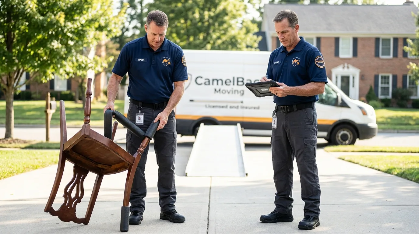 Movers inspecting furniture for damage prevention before loading in Audubon, IA