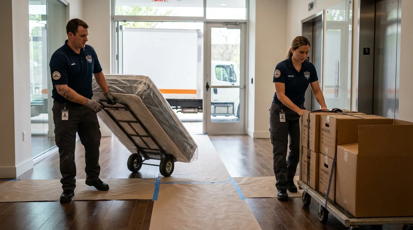 Professional apartment movers loading elevator in Audubon, IA